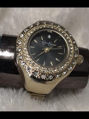 Jessica Simpson Gold-Tone Ring Watch with Black Dial and Crystal Bezel